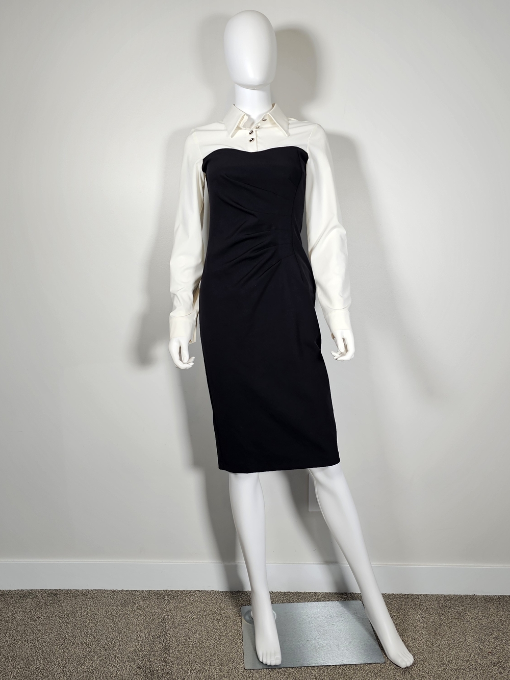 Joseph Ribkoff Black Dress with Off White Collared Shirt-Detail Sz 4